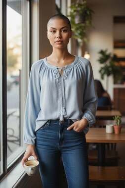 Cable & Gauge Gramercy Gauze Tie-Neck Tassel Top, Heather Blue, Size 1X NWT